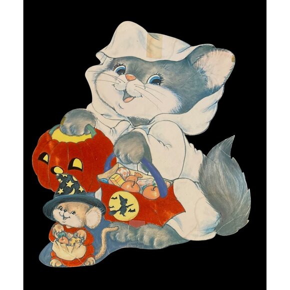 Vtg Halloween Felted Die-Cut Decor Baby Ghost Kitty Cat Teddy Bear Raccoon - Picture 4 of 6